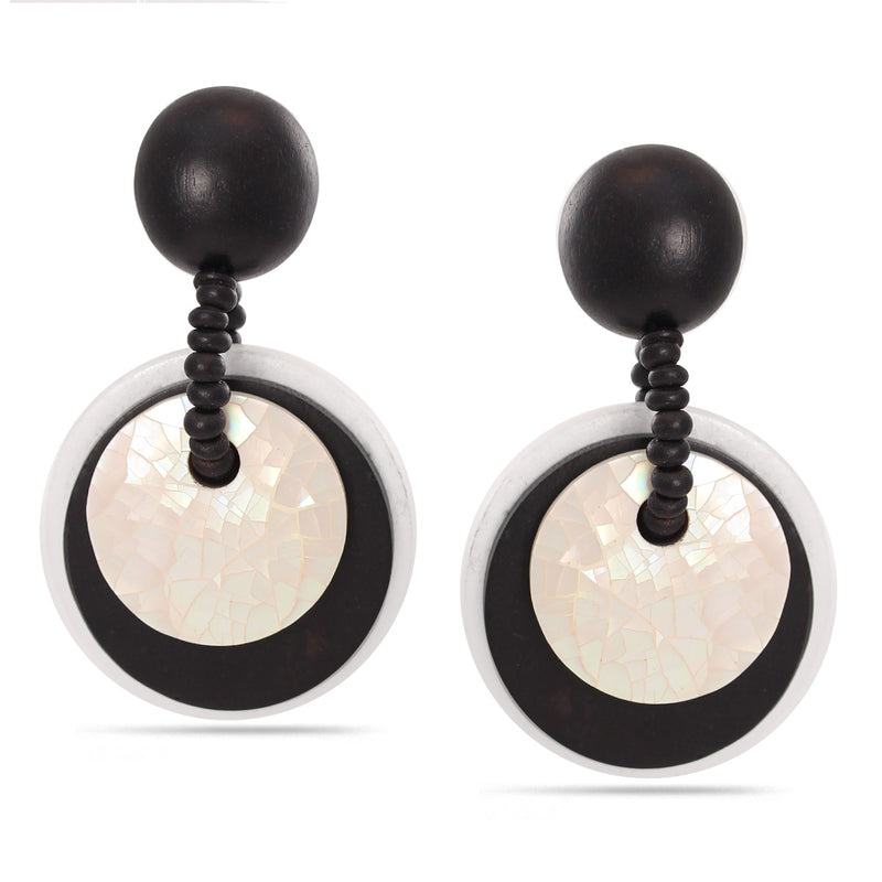 Black Wood And White Mother Of Pearl Circle Stud Earrings