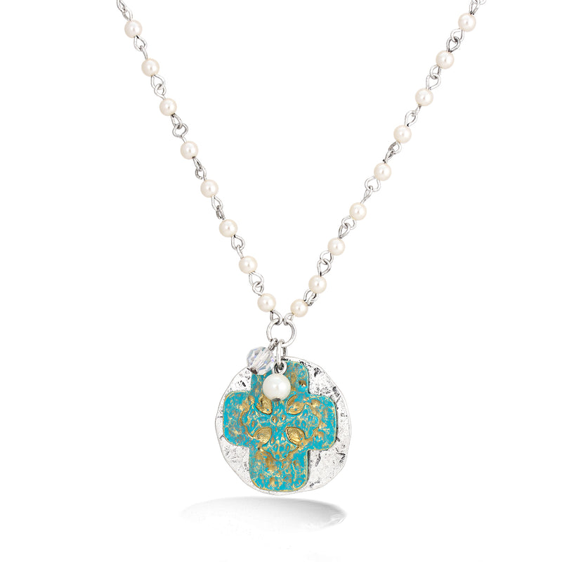 Silver-Tone Metal White Pearl Turquoise Cross Pendant Necklace
