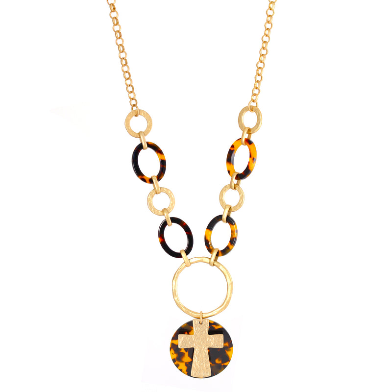 Gold Matte- Tone Metal Cross Tortoise Shell  Adjustable Lobster Claw Closure Necklace 