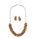 Silver-Tone Metal Brown Bead Necklace And Earring Set
