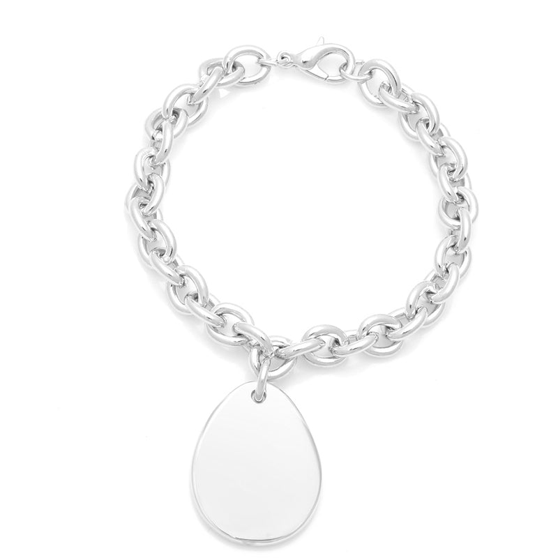 Silver-Tone Shiny Teardrop Shape Plate Chain Bracelet