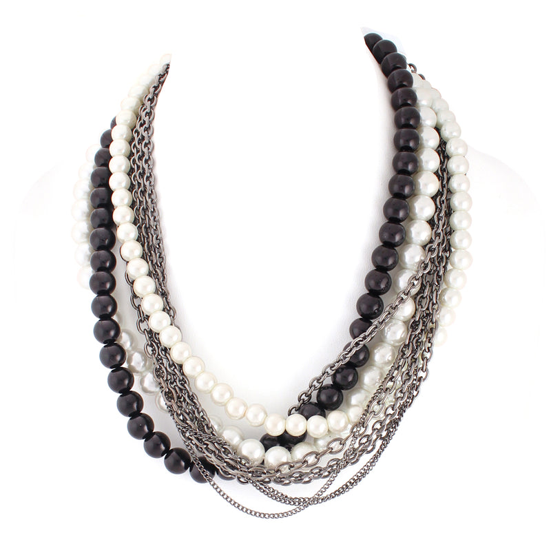 Rhodium-Tone,Metal,Black,And,White,Pearl,Necklace