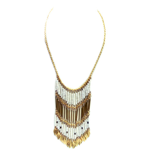 Gold bib necklace with gold leaves and white beads