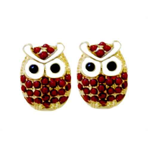 Gold and red owl earrings