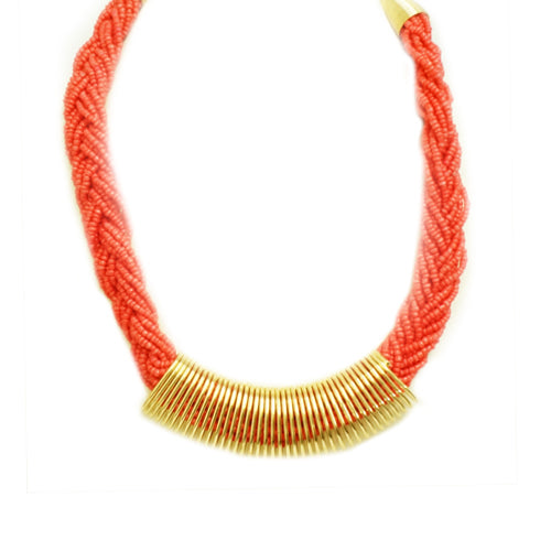 Braided beaded coral necklace with gold spring