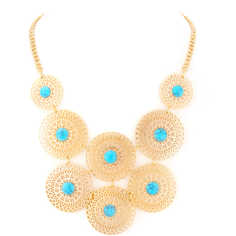 Gold Tone Metal Turquoise Round Dedign Necklace