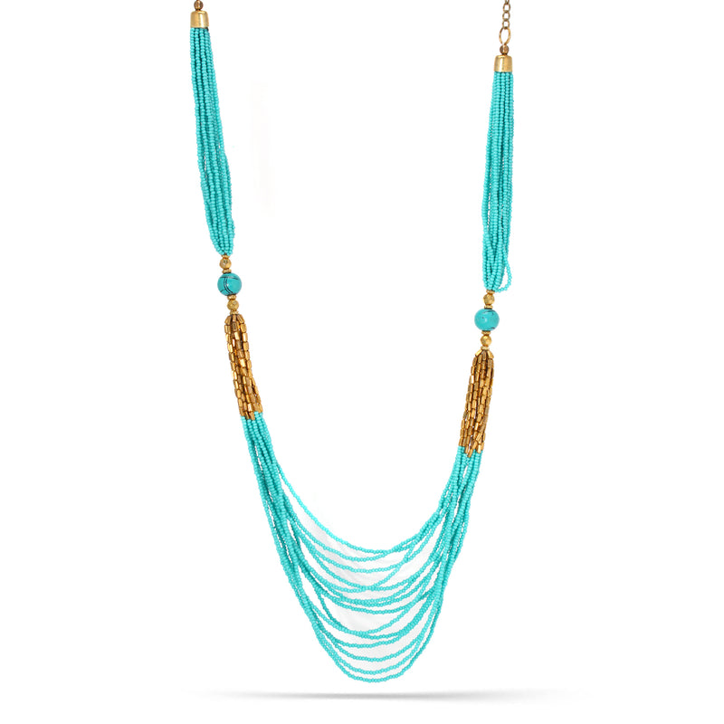 Taza-Gold-Tone Metal Turquoise And Gold Seed Bead Necklace