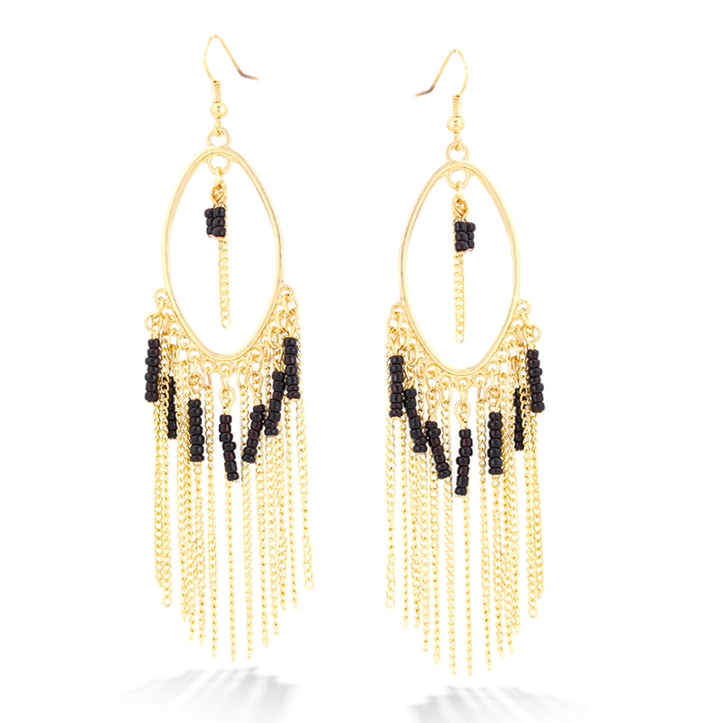 Gold-Tone Black Beads Tassel Earrings