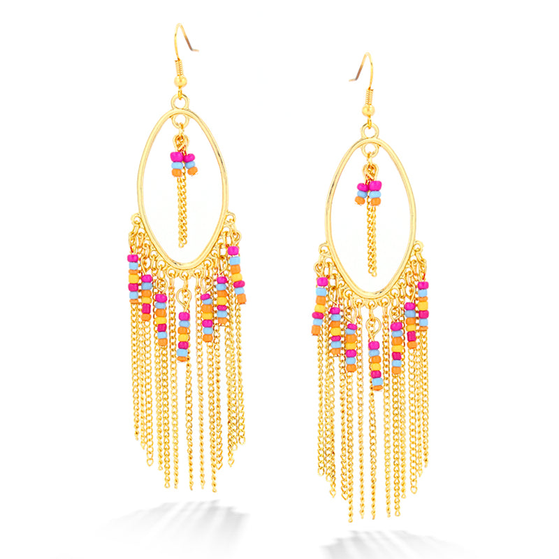 Gold-Tone Multi Color Beads Tassel Earrings