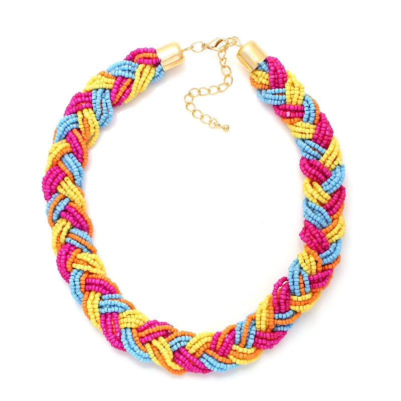 Gold-Tone Fuschia Blue And Yellow Bead Necklace