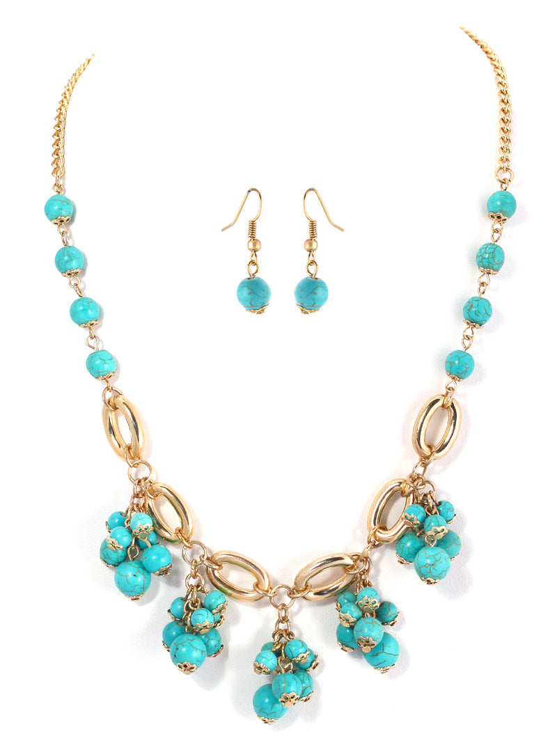 Gold chain and turquoise stone necklaceand earring set