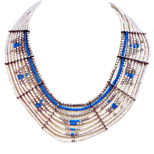 White and blue beaded indian bib necklace