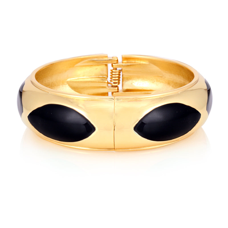 Gold Metal Black Enamel Hinged Bracelet