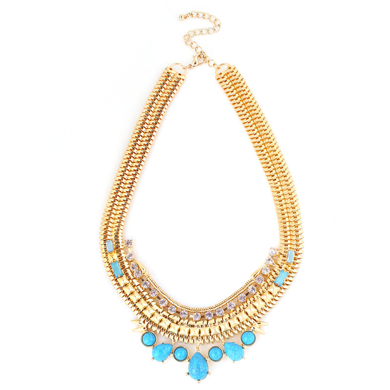 Gold Tone Metal Turquoise And White Crystal Necklace And Earring Set