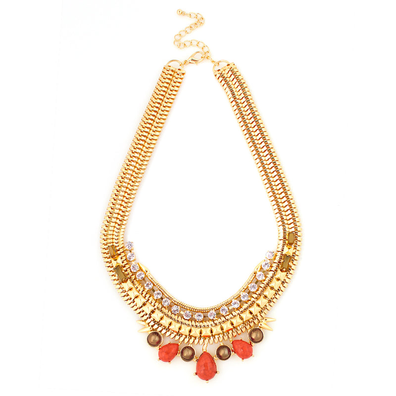 Gold Tone Metal Coral With White Crystal Necklace And Earring Set