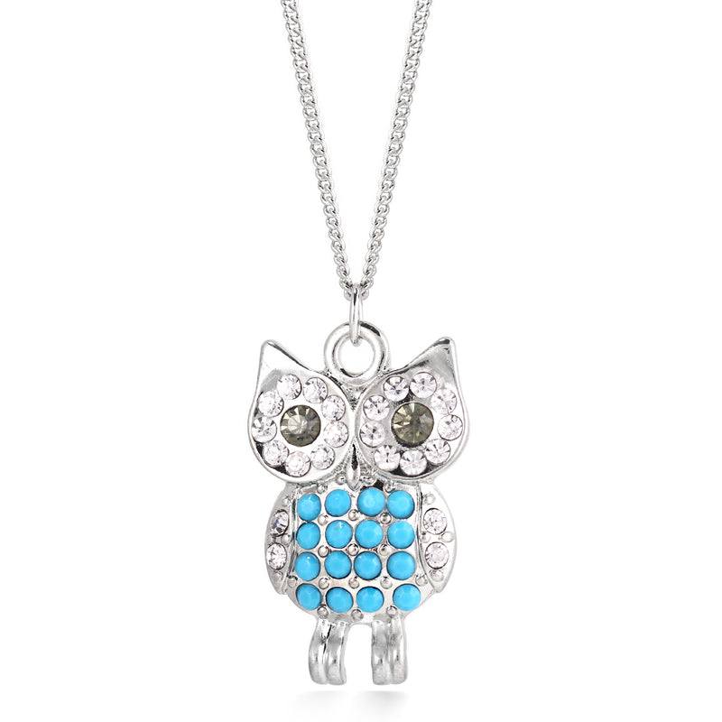Silver Plated Turquoise Aqua And White Crystal Owl Necklace
