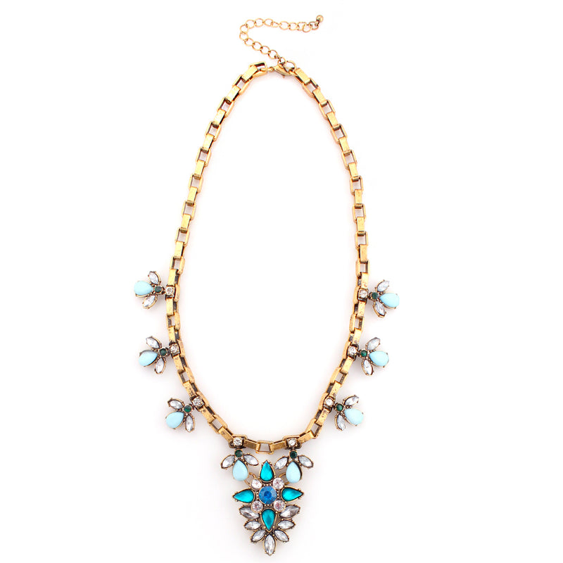 Gold-Tone White And Blue Crystal Necklace