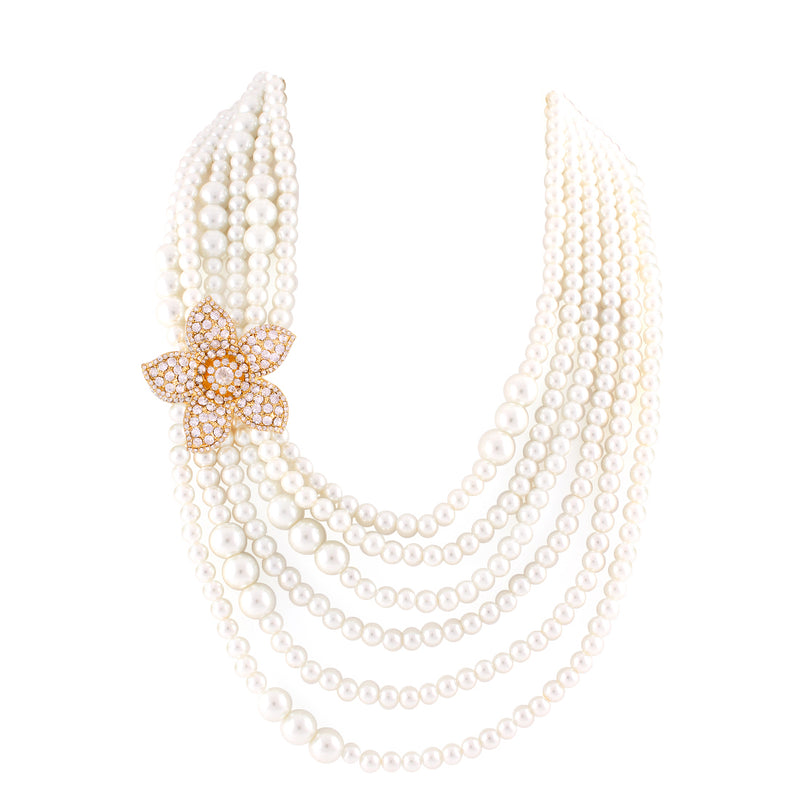 Pearl Necklace With Gold Flower With White Crystals