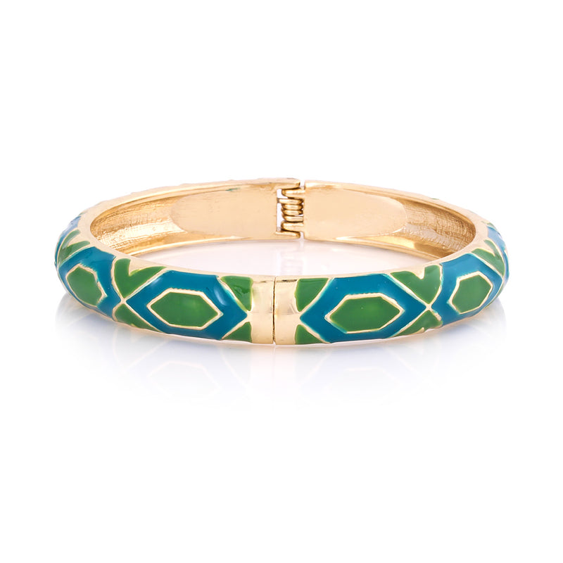 Turquoise And Green Enamel Hinged Gold Bracelet