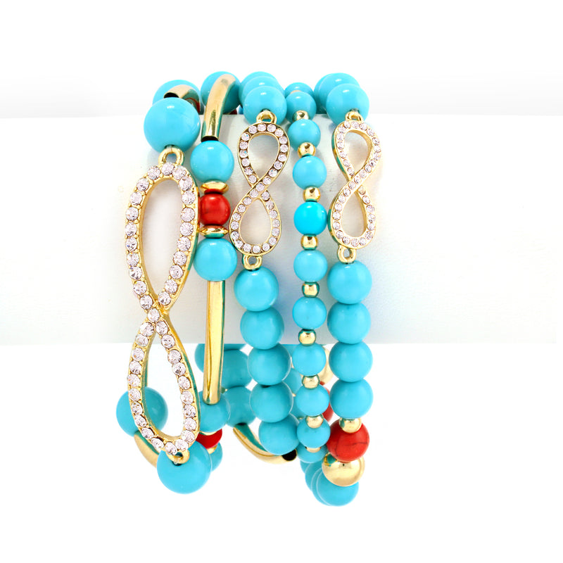 Five Row Turquoise Coral And Crystal Gold Infinity Bracelet
