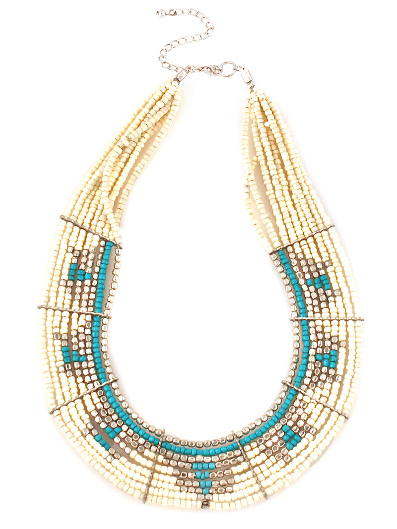 White silver and turquoise beaded indian bib necklace