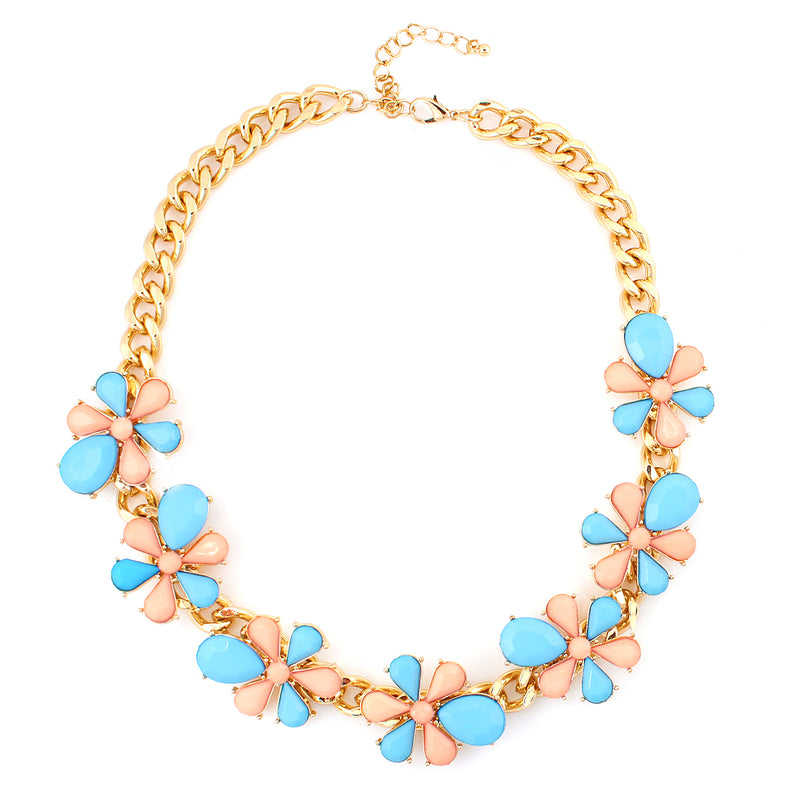 Gold Plated Chain And Blue And Peach Flower Necklace
