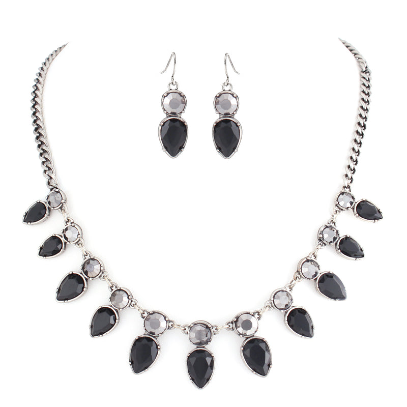 Teardrop Black Onyx Stone With Hematite Silver Necklace Earring Set