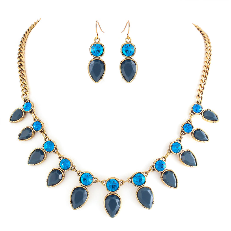 Teardrop Blue Stone With Blue Crystal Necklace Earring Set