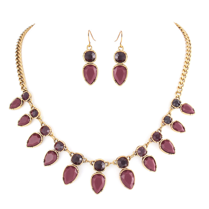 Teardrop Burgundy Stone With Amethyst Crystal Necklace Earring Set