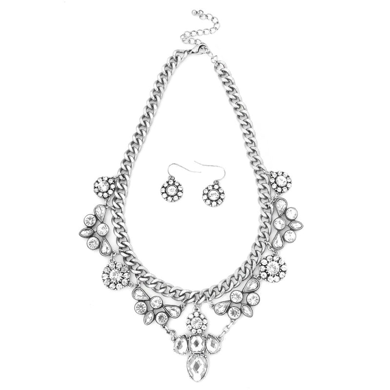 Silver Tone Metal White Crystal Necklace Earing Set