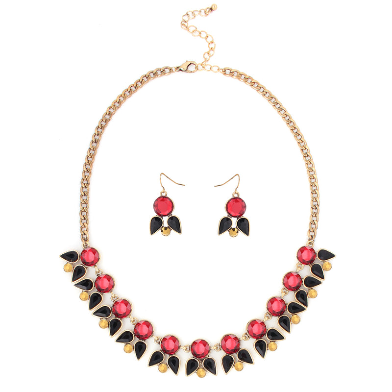 Gold Tone Metal Red And Black Necklace Earring Set
