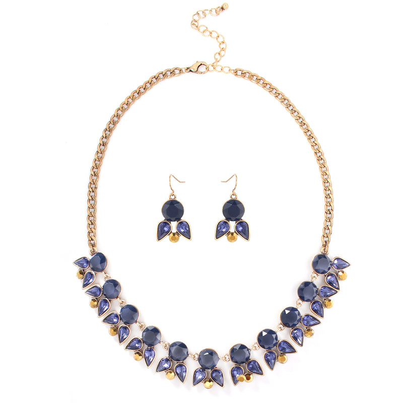 Gold Tone Metal Blue Stone With Blue Crystal Necklace Earring Set