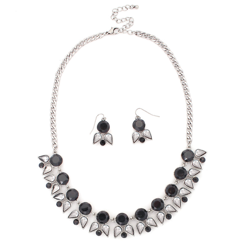 Silver Tone Black Stone With Hematite Silver Necklace Earring Set