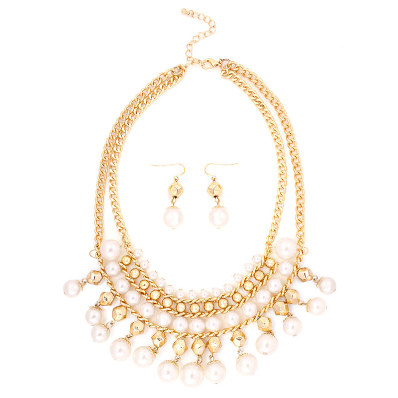 Gold Tone Metal Pearl Beads Ncklace And Earring Set
