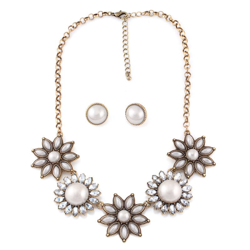 Gold-Tone Metal Grey Pearl And White Crtstal Necklace And Earrings Set