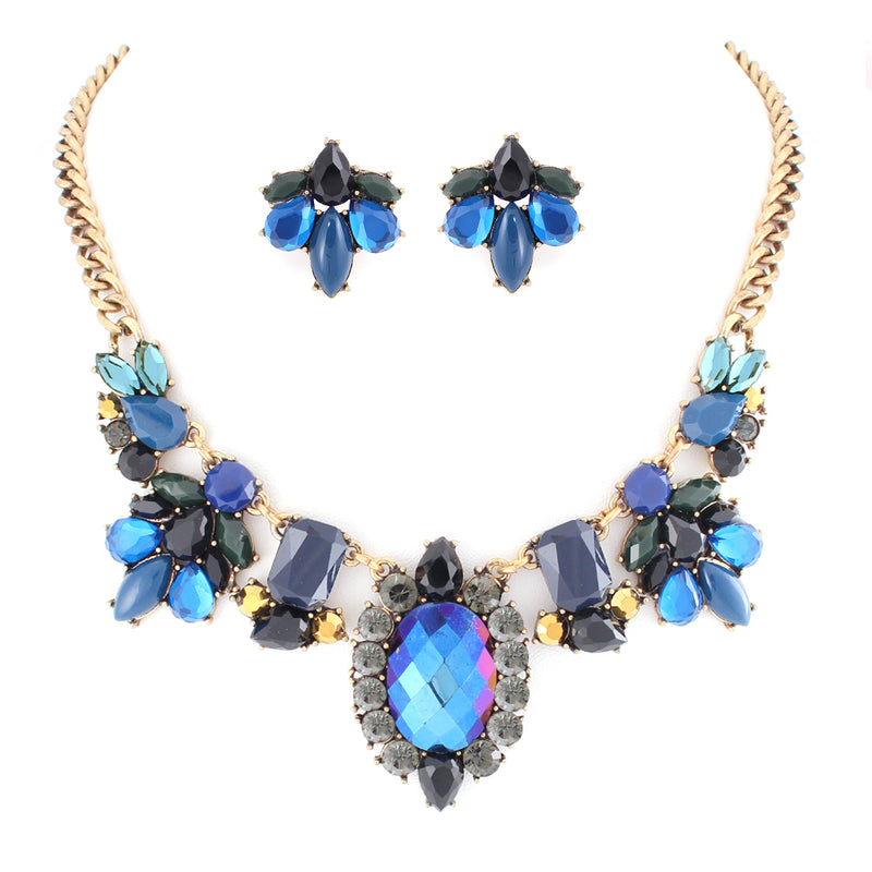 Black Onyx And Blue Stone With Multicolor Crystal Necklace Earring Set