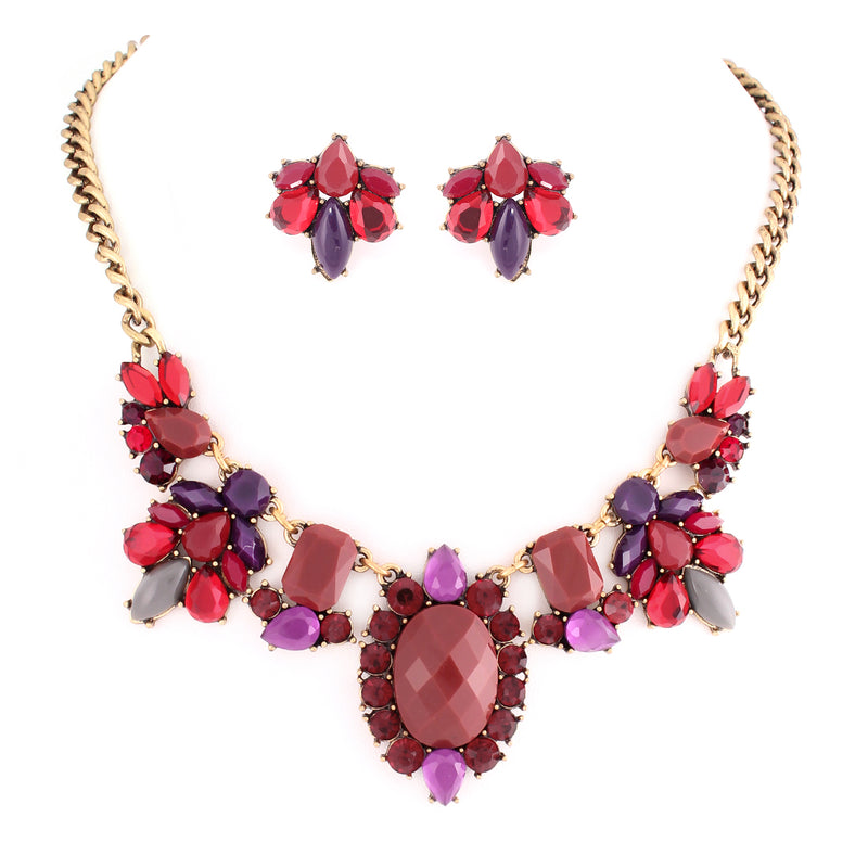 Red And Purple Ctone With Multicolor Crystal Necklace Earring Set