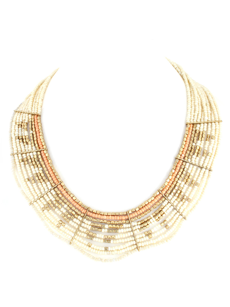 White Gold Orange And Pink Beaded Indian Bib Necklace