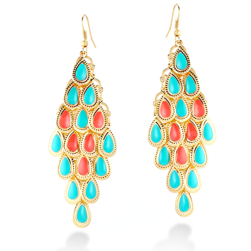 Gold Plated Turquoise And Coral Epoxy Drop Earring