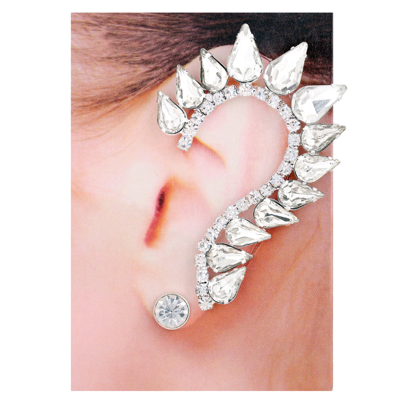 Teardrop And Round Crystal Silver Ear Cuff