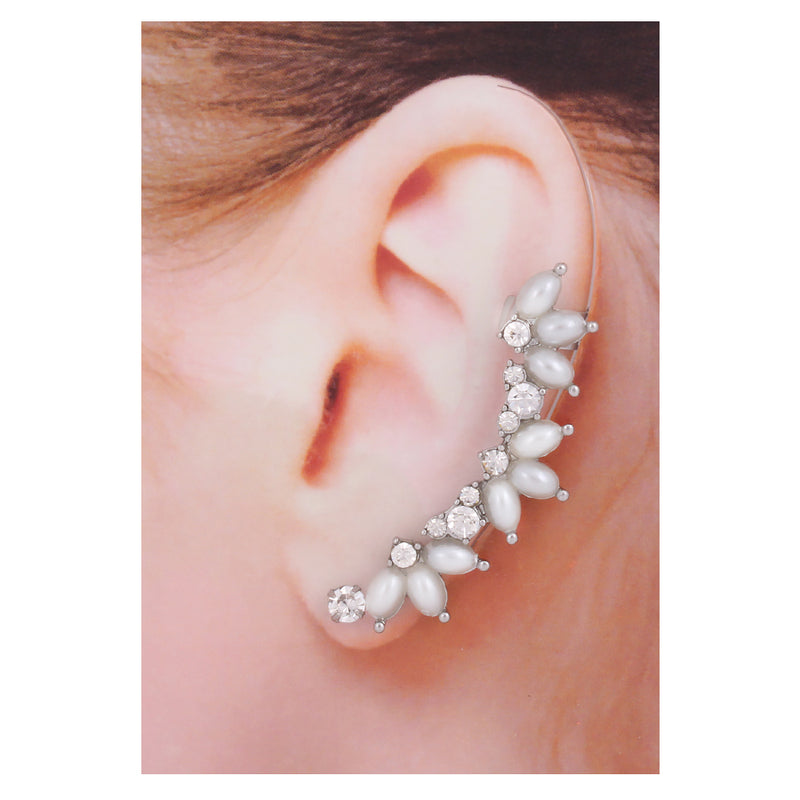 Gray Pearl With White Crystal Silver Ear Cuff