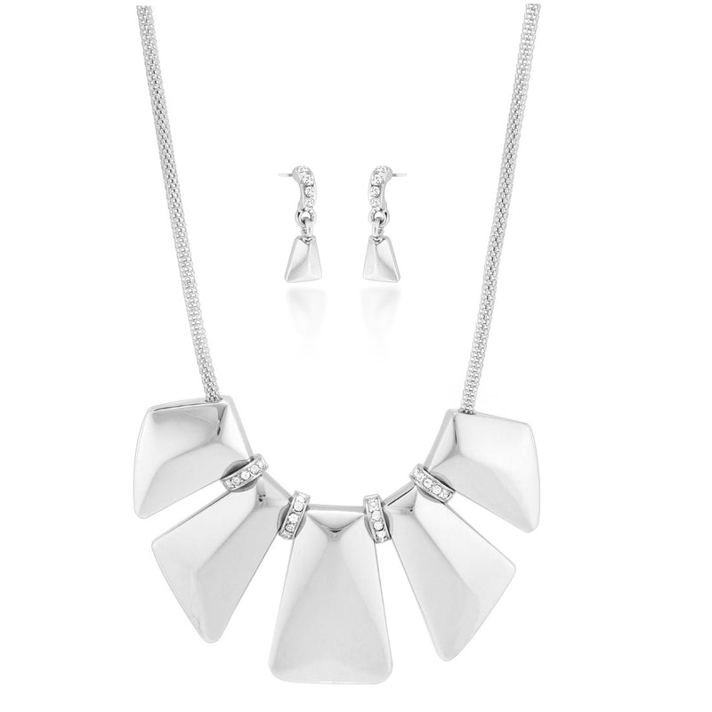 Silver- Tone Metal Plates With Crystal Hoops Necklace And Earring Set