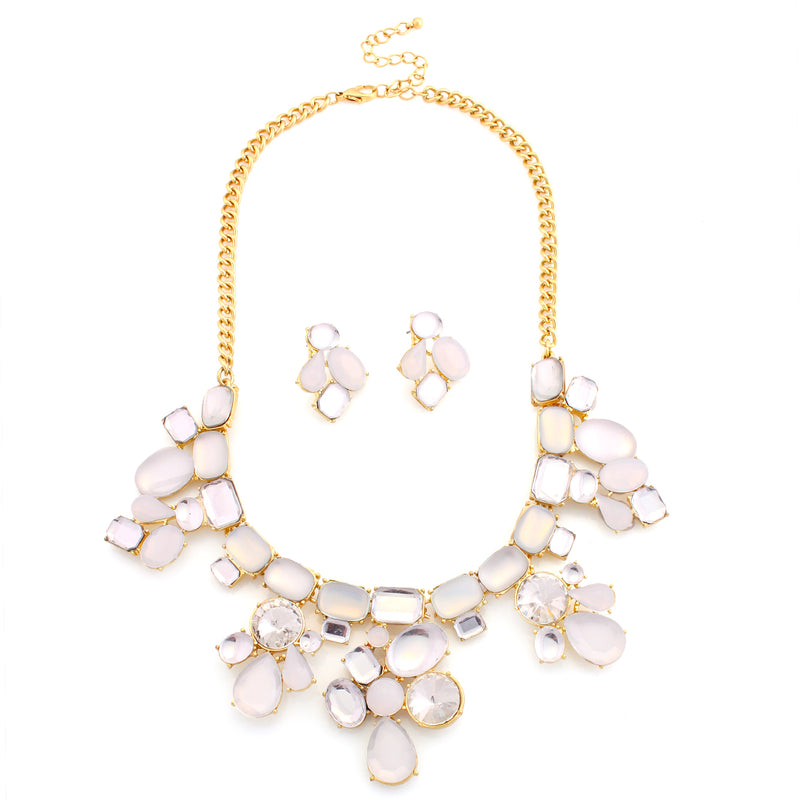 Silver And White Opaque Crystal Floral Necklace And Earring Statement Set