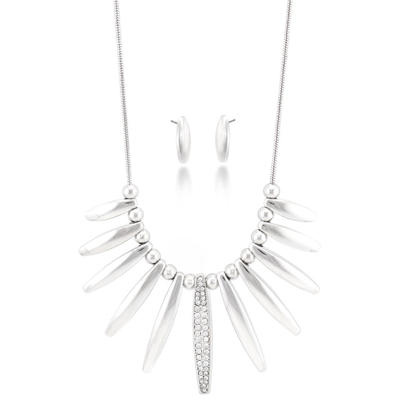 Silver And Crystal Pinstripes On A Silver Chain Necklace And Earring Set 