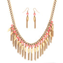 Coral Beads And Gold Spiked Chain Necklace And Earring Set