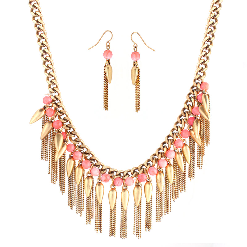 Coral Beads And Gold Spiked Chain Necklace And Earring Set