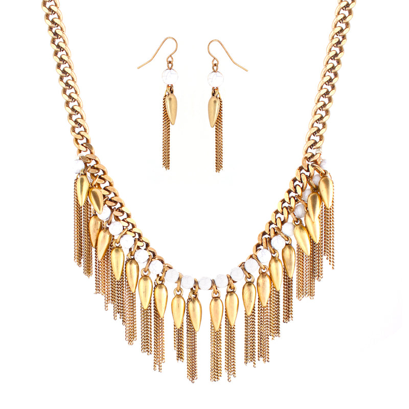 White Beads And Gold Spiked Chain Necklace And Earring Set