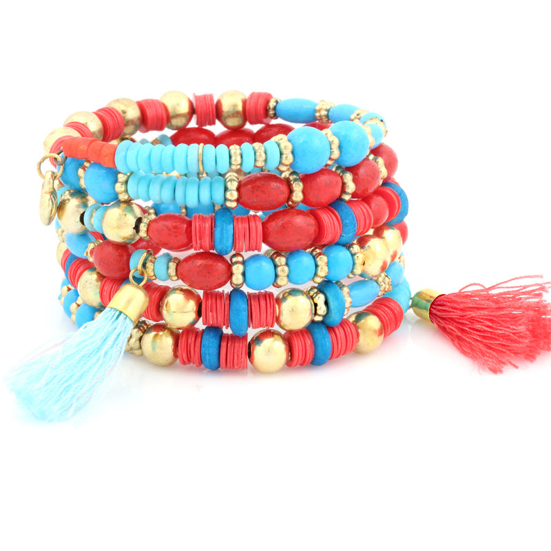 Gold Tone Metal Red And Blue Bead Wrap Bracelets