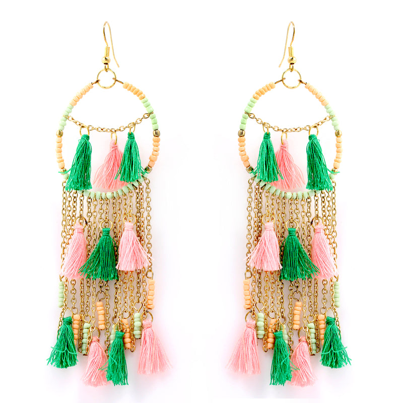 Gold Tone Metal Pink And Green Beads Tassel Earring