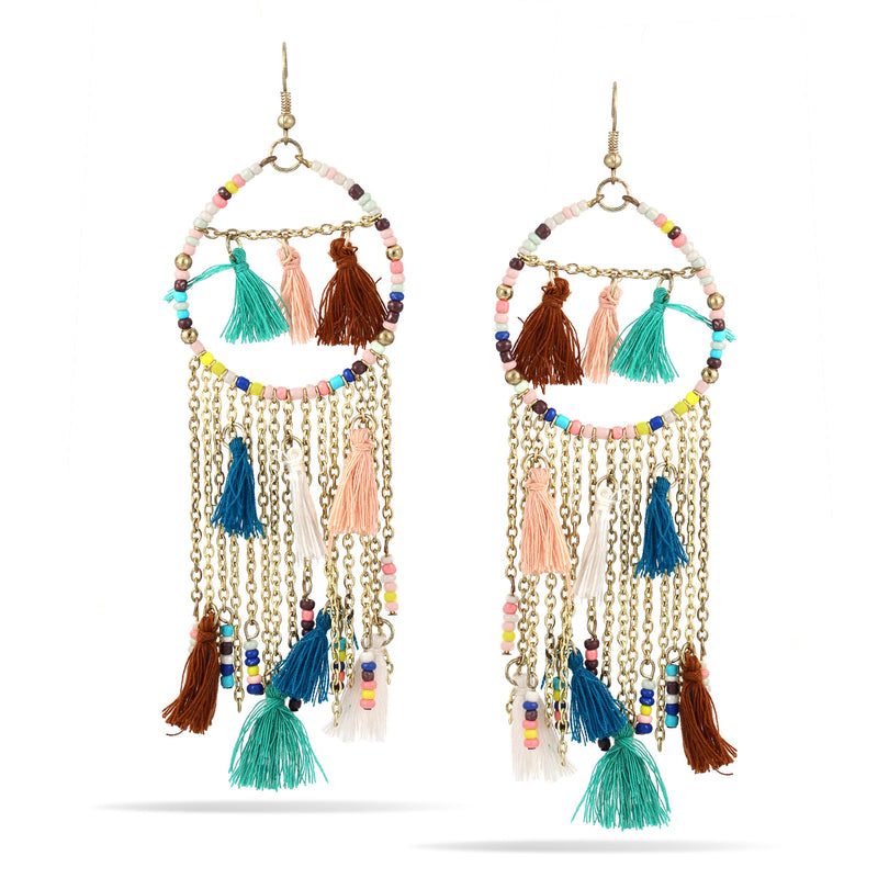 Gold-Tone Metal Multicolored Beads And Thread Tassel Chandelier Earrings